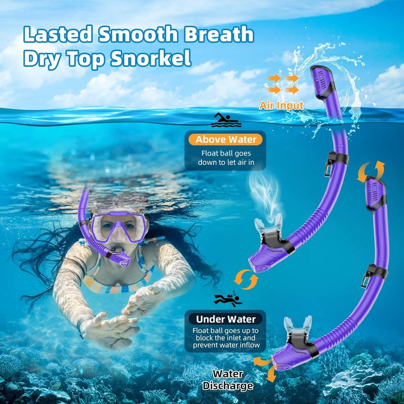 Honlanor Snorkel Set Adults Snorkeling Gear Anti-Leak and Anti-Fog Tempered Glass Lens Panoramic View Swim Mask Dry Top Snorkel Kit for Snorkeling Scuba Diving Swimming Travel with Carry Bag - Image 3